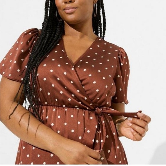Torrid plus size Mini Bubble Dot Charmeuse Faux Wrap Dress - Picture 3 of 11